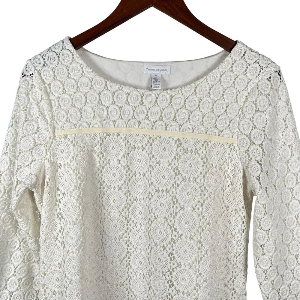 Charter Club Blouse Womens Medium White Crochet Lace 3/4 Sleeve Lined Top